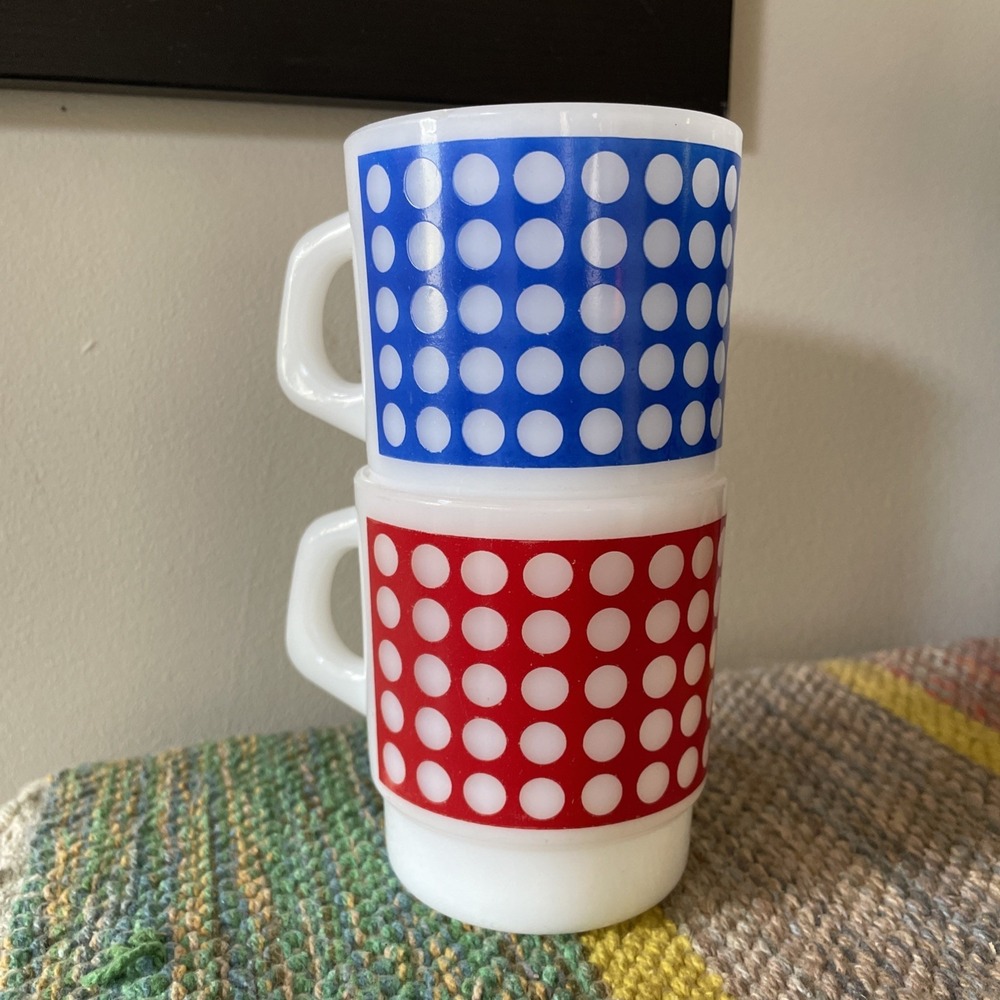 2 Vintage Termocrisa Milk Glass Stacking Mugs Red Blue Polka Dots Mexico 3.5"